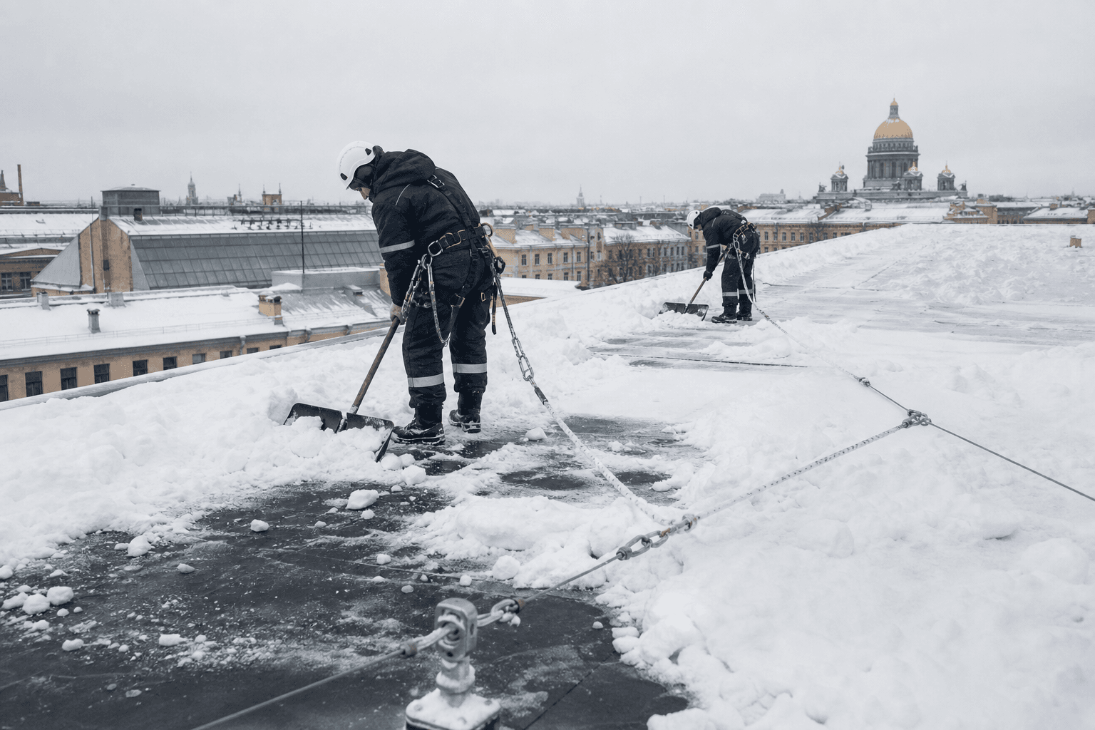 Иллюстрация очистки плоской кровли от снега