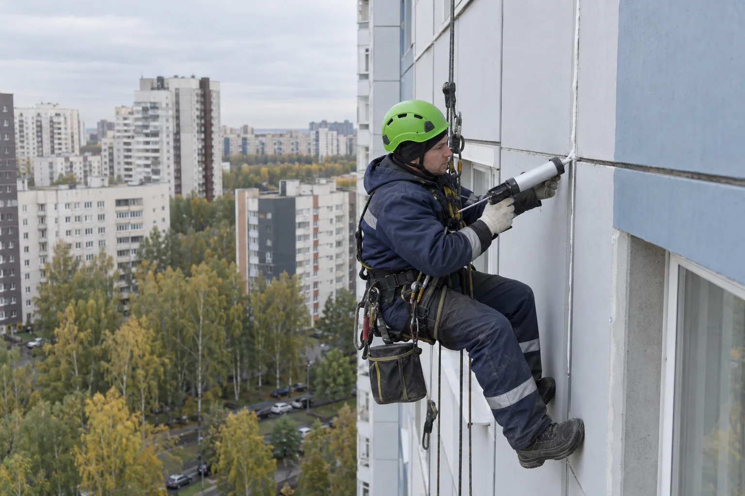 Промышленный альпинист герметизирует межпанельный шов на фасаде